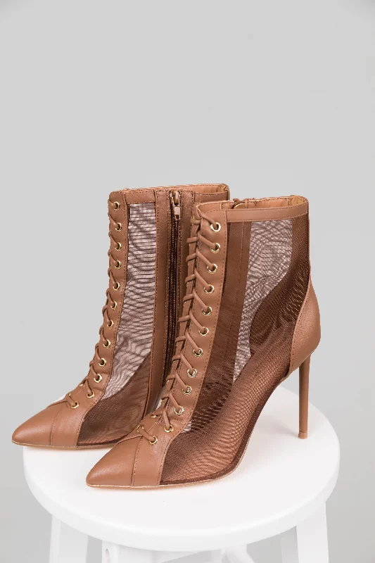 Mocha Sheer Mesh Lace Up Stiletto Booties