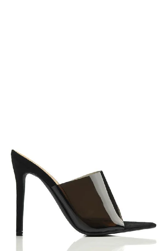 Black Perspex Heeled Mules With Pointed Toe