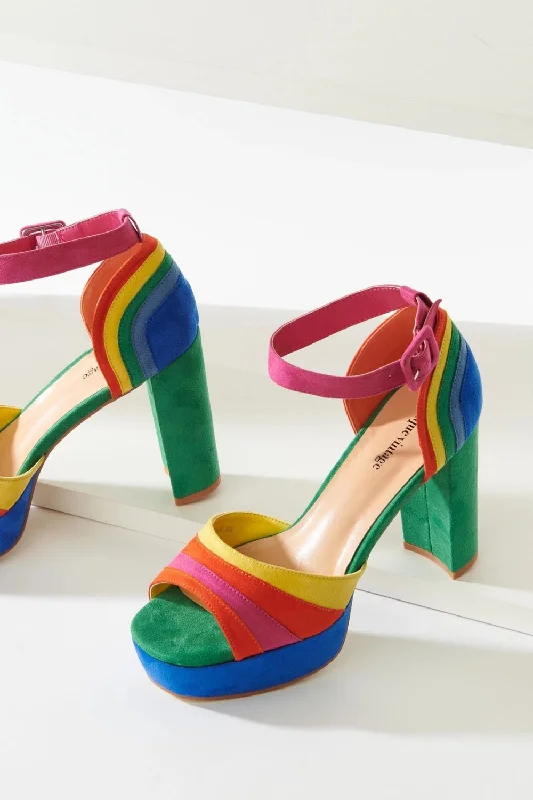 RAINBOW SUEDE PEEP TOE PLATFORM HEELS