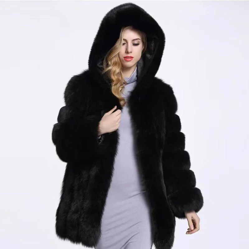 2022Classic Design European Hooded Fashion Real Fox Fur Long Coat