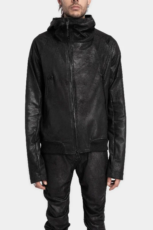 Leather-Paneled JacketsAsymmetrical zip vegan leather hooded bomber jacket