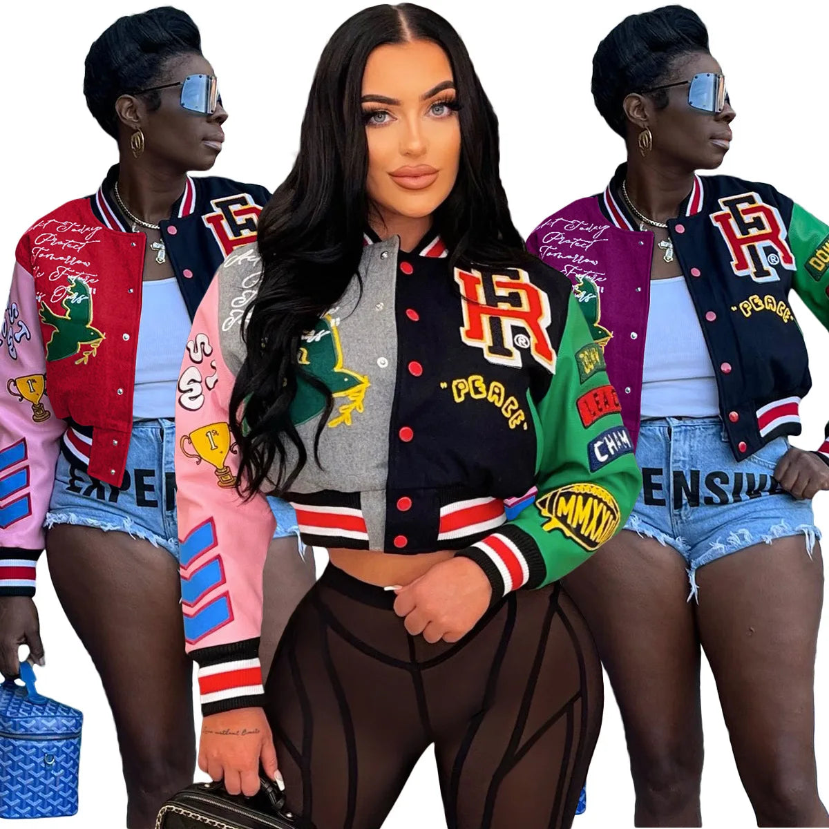 Bomblook C1205TP 2024 Spring Women OG Clothing R Print Long Sleeve Button Up Patchwork Jacket Women Baseball Jacket