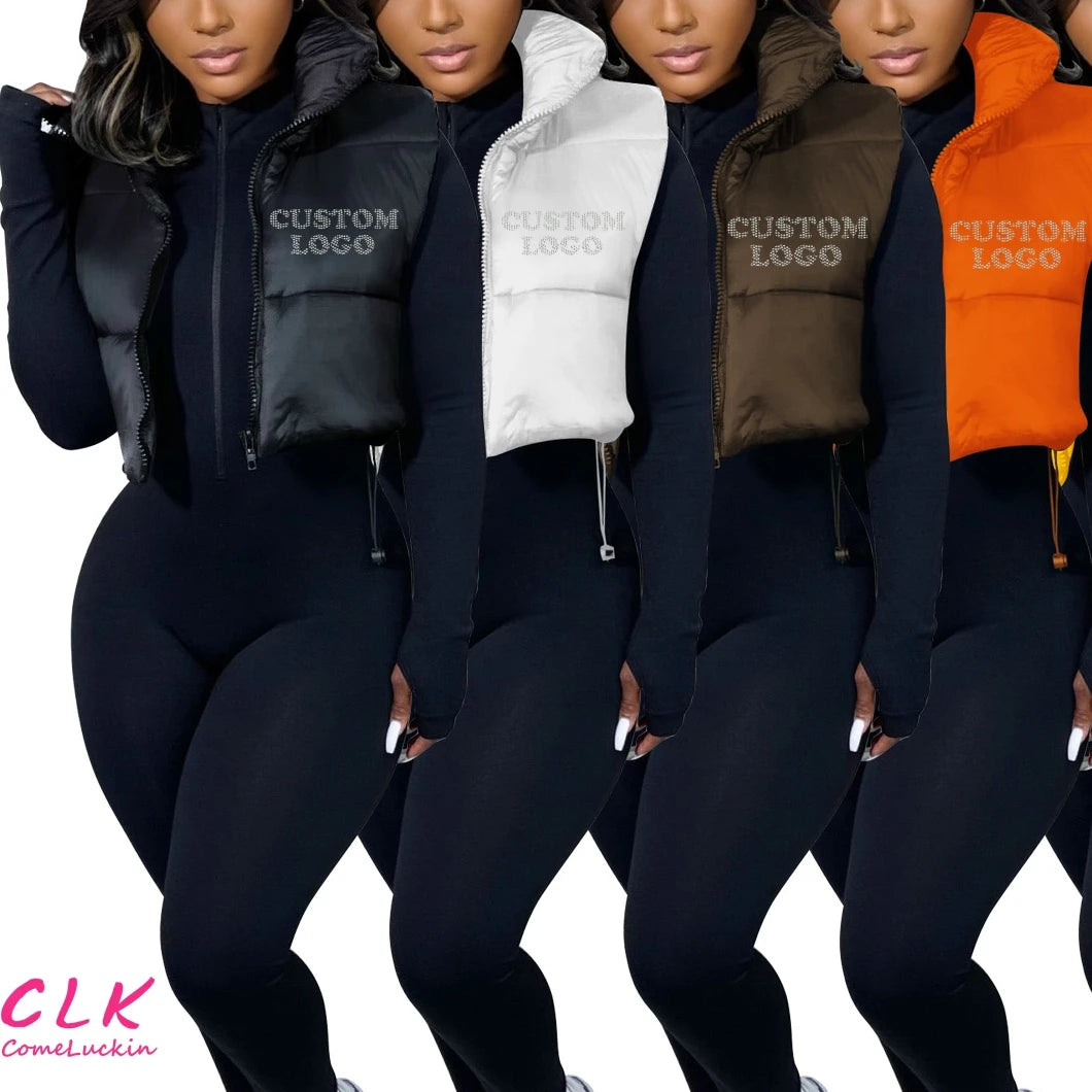 Custom Logo Hot Sale Solid Colors Bubble Zipper Sleeveless Up Fleece Short Vest Winer Puffer Down Jacket Women