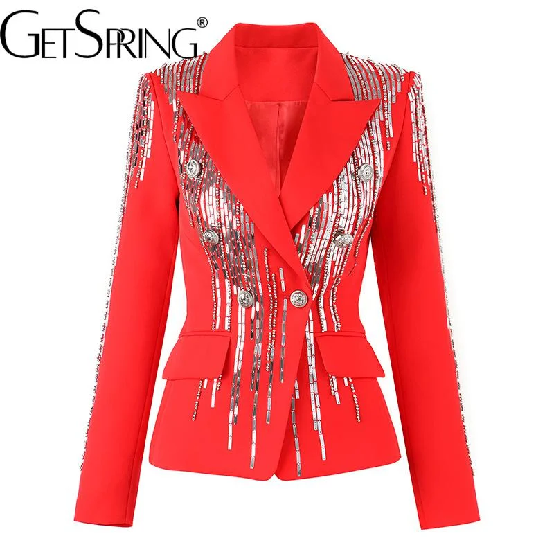 GetSpring Women Blazer Double Breasted Full Sleeve tuxedo Red Coat Sequin Nail Bead Women's Slim Suit Jacket Autumn 2022