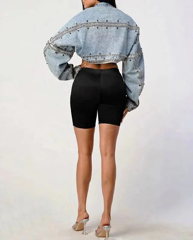 Sequined JacketsOUDINA Fashion Shawl-style Casual Loose Jacket Women's Cropped Jackets Studded Denim Jean Jacket