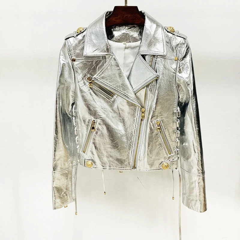 Beaded JacketsOUDINA Fashionable New Drawstring Silver Metal Texture Diagonal Zipper Jacket Women Motorcycle Leather Jackets