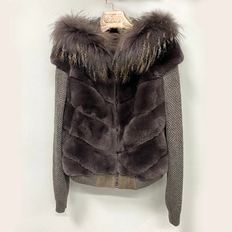 Metallic JacketsQIUCHEN QC22029 Drop shipping Women Knit Zip Hoodie Coat with Real Fox Fur Collar Winter Hooded Jacket Women