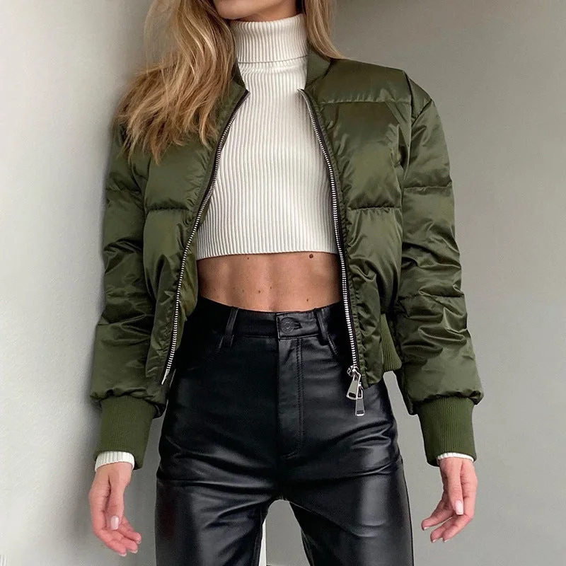 Wholesale fashion zip up bomber jacket women winter warm gym sportswear cropped bubble coat solid blank custom bubble coat women