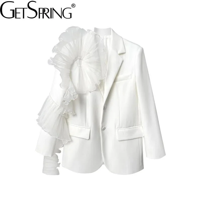 Women Blazer Asymmetry Ruffle Patchwork White Long Blazers And Jackets irregular Vintage Casual Suit Coats 2021 New