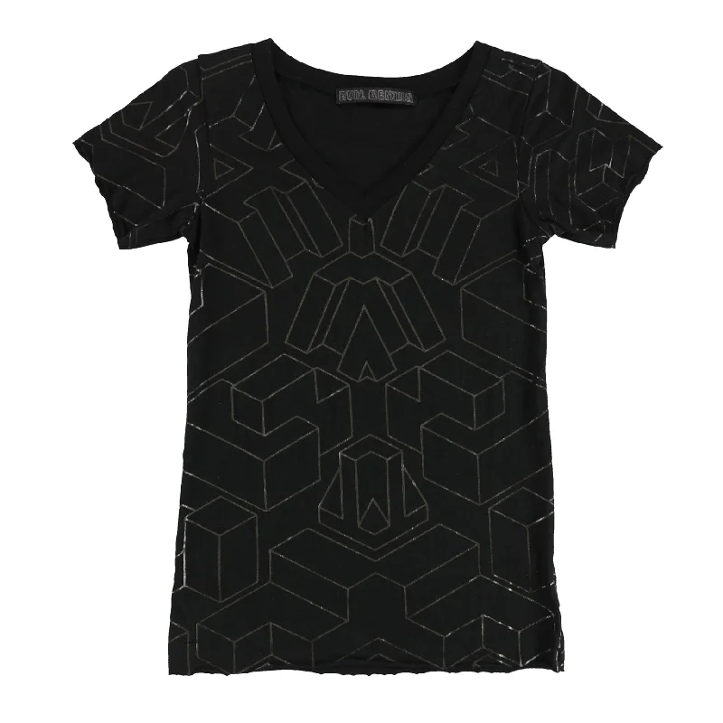 Evil Genius Womens Metallic 3D Shapes Graphic T-Shirt, Black, Small