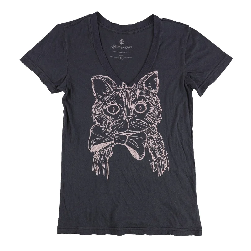 Heritage 1981 Womens Cat With Bowtie Graphic T-Shirt, Grey, Small