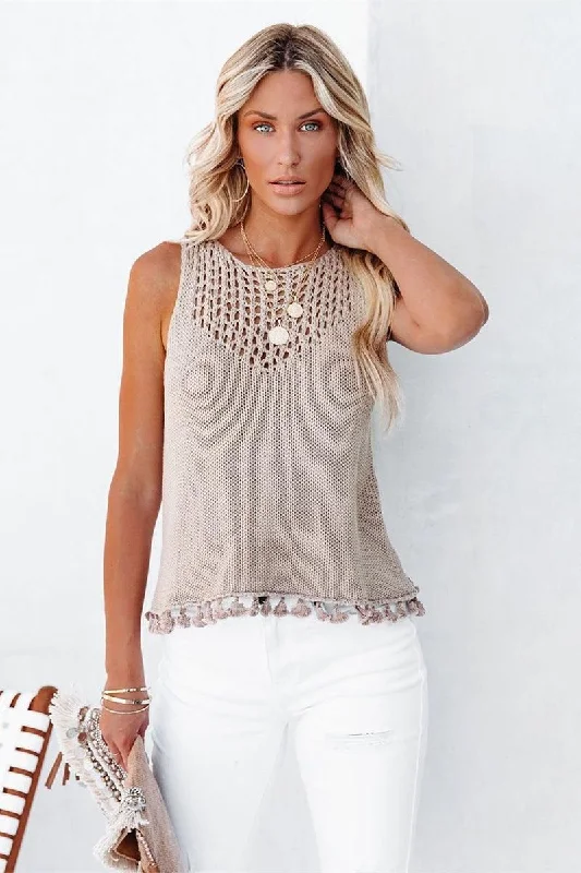 HOLLOW OUT TASSEL HEM SLEEVELESS TANK T SHIRT