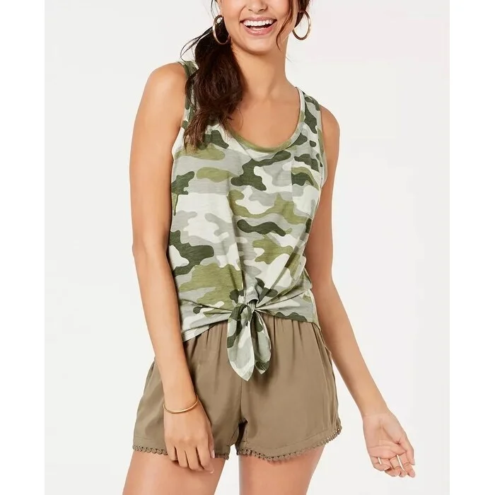 Rebellious One Junior's Camo Printed Tie Front Tank Top Green Size XL - X-Large