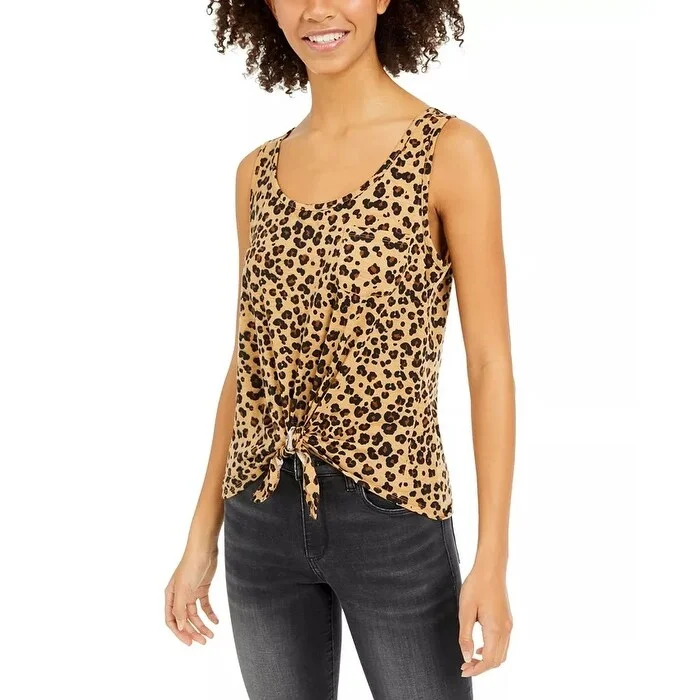 Rebellious One Junior's Cheetah Print Tie Front Tank Top Beige Size M - Medium