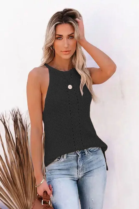 WOMEN SPAGHETTI EYELET KNIT TANK T SHIRT