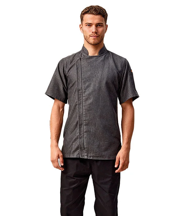 RP906 - Artisan Collection by Reprime Unisex Zip-Close Short Sleeve Chefs Coat | Black Denim