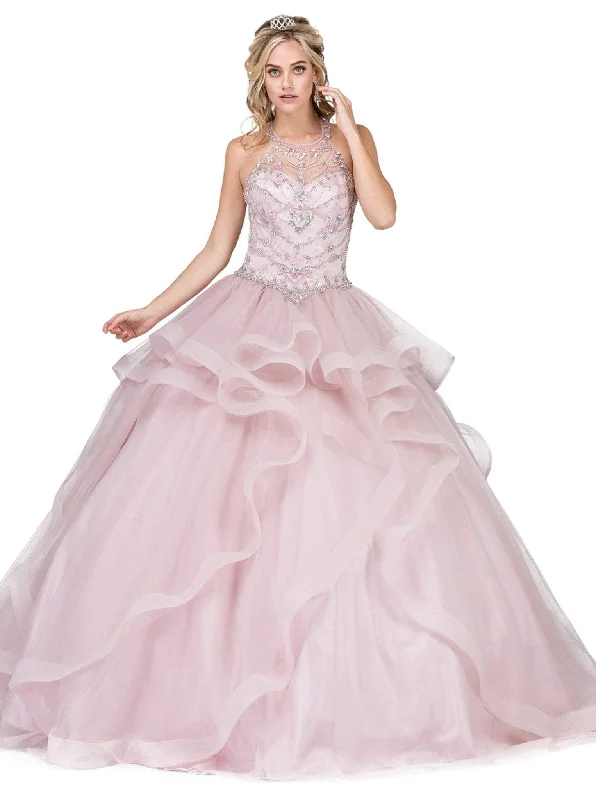 Dancing Queen - 1279 Illusion Halter Ruffled Quinceanera Gown