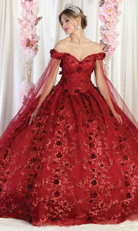 May Queen LK184 - Off-Shoulder 3D Floral Embellished Ballgown